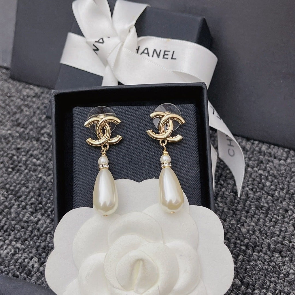 Chanel Cc Pearl Drop Earrings