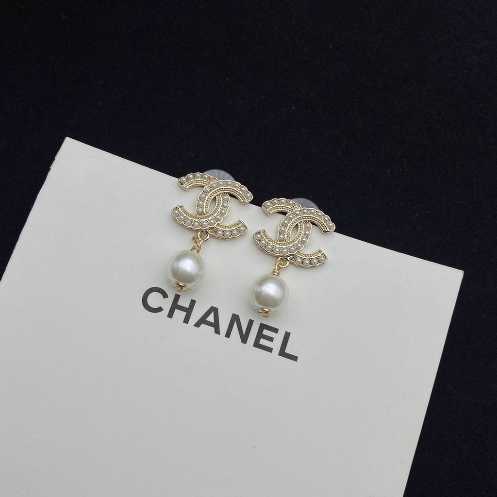 Chanel Cc Pearl Gold Earrings