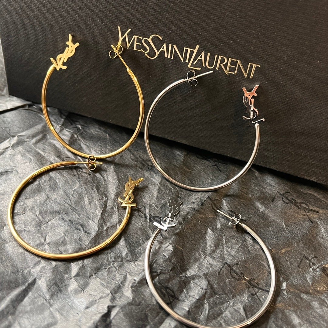 Saint Laurent YSL Logo Big Round Earrings Silver Tone