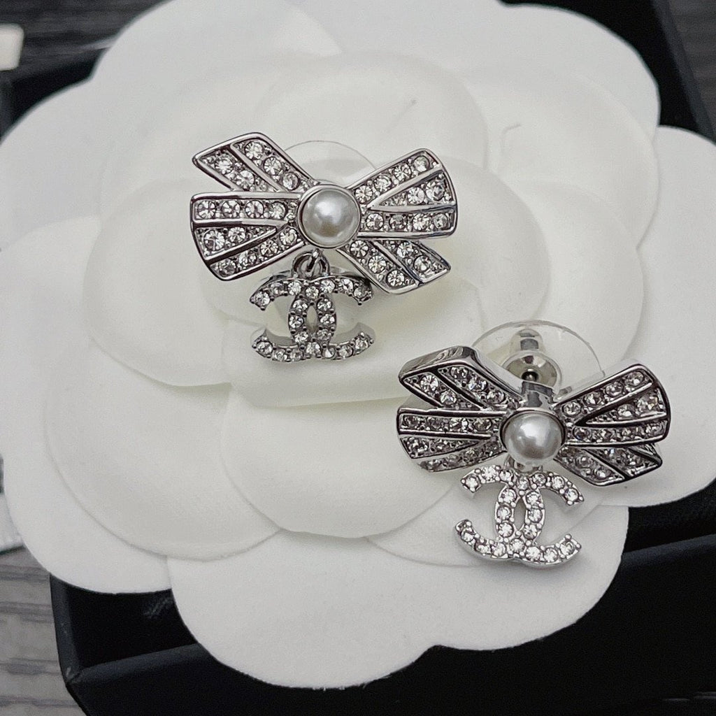 Chanel Crystal Cc Bow Drop Earrings Silver