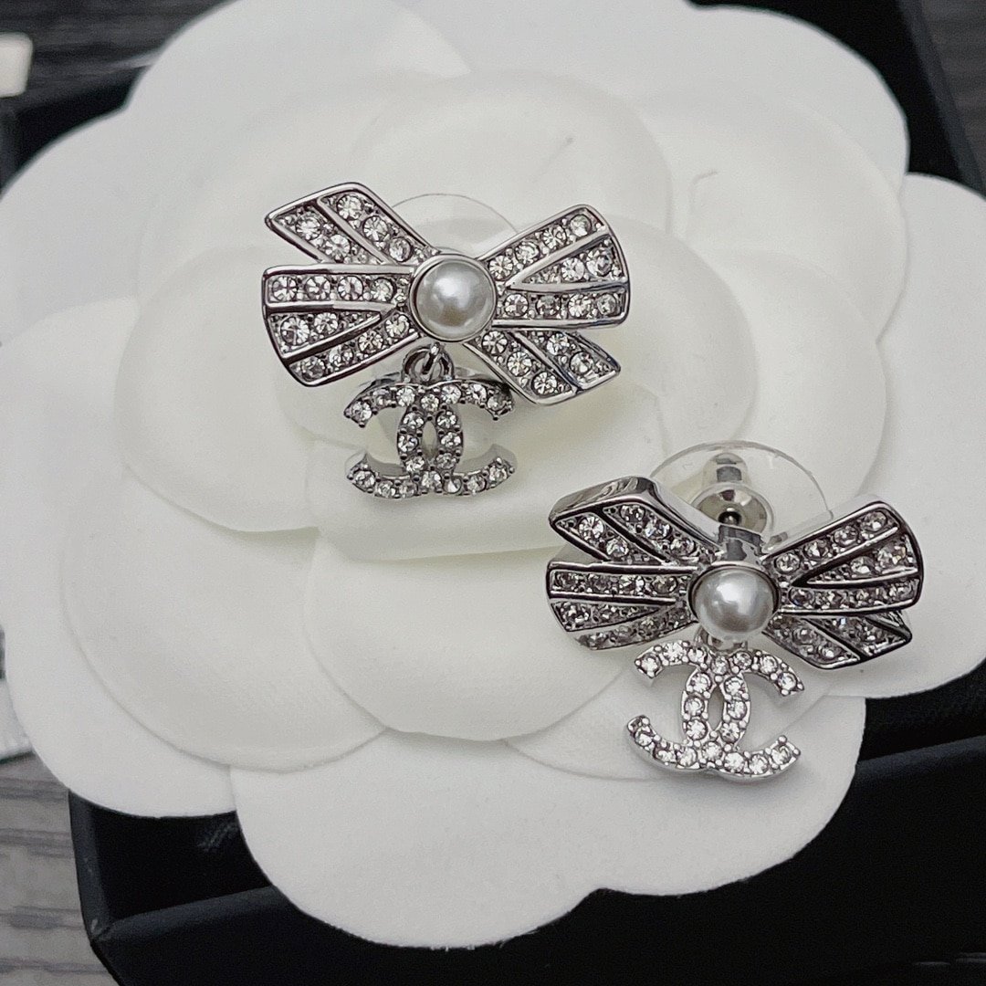 Chanel Crystal Cc Bow Drop Earrings Silver