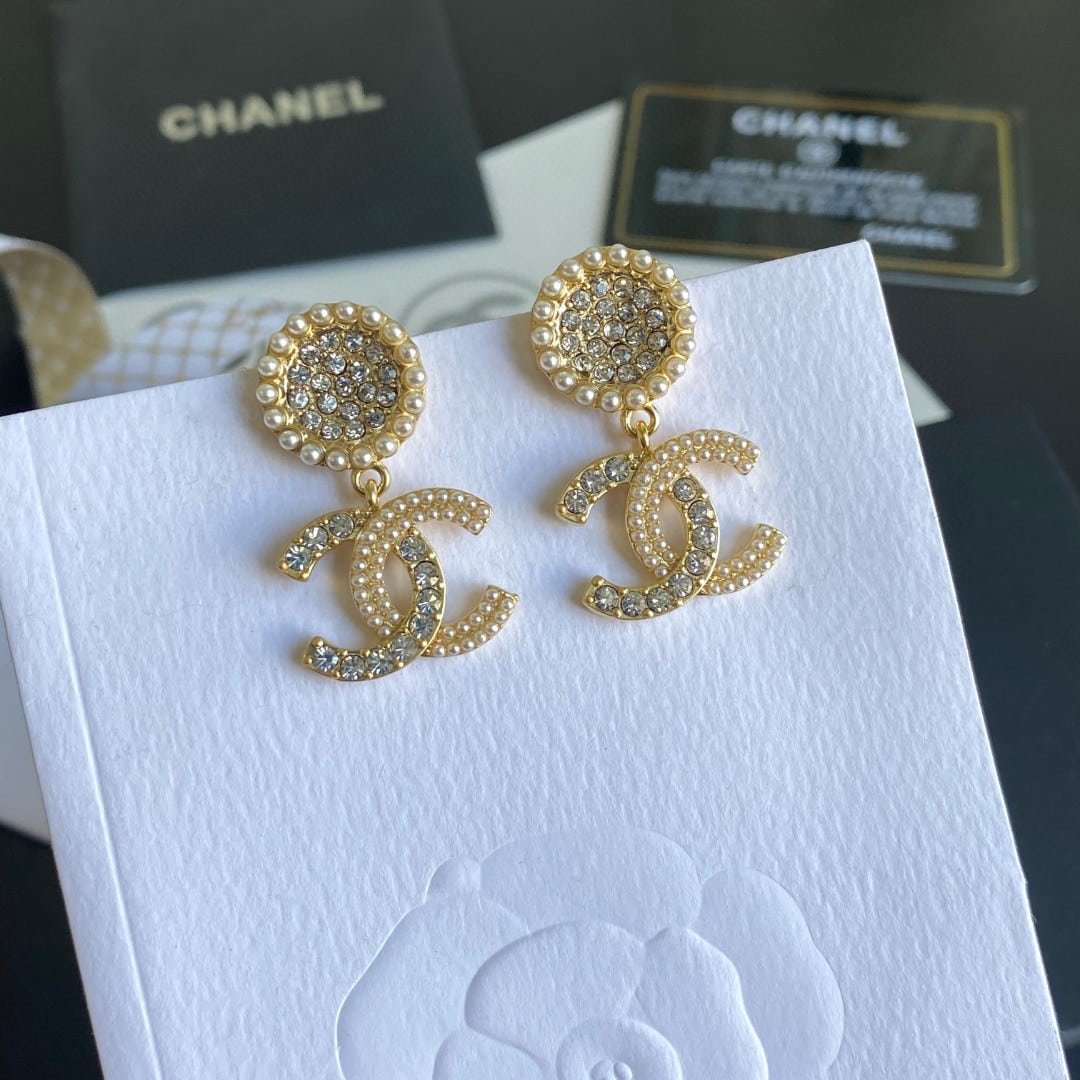 Chanel Crystal Pearl Cc Drop Earrings Gold