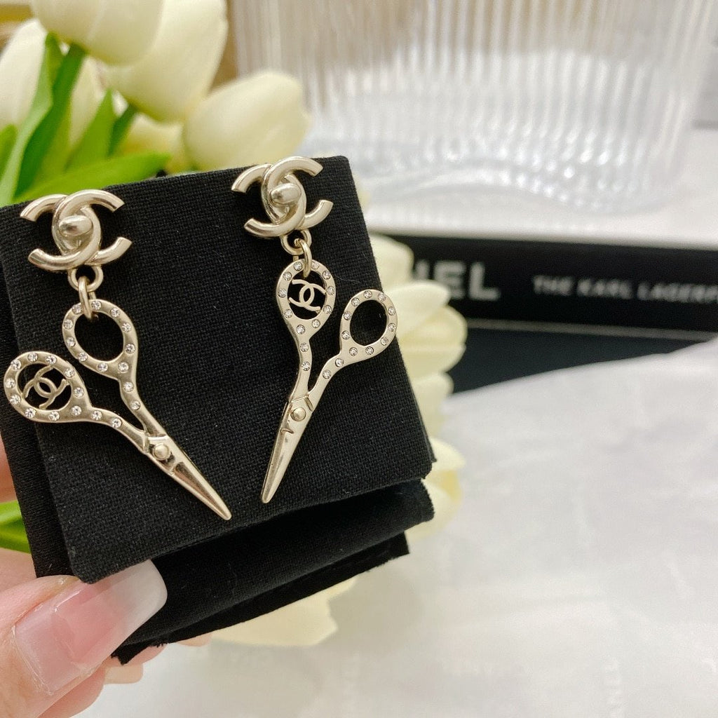 Chanel Cc Lock Crystal Scissors Drop Earrings