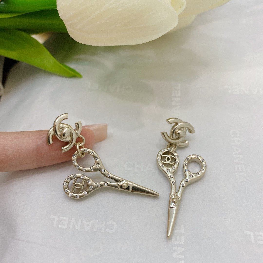 Chanel Cc Lock Crystal Scissors Drop Earrings