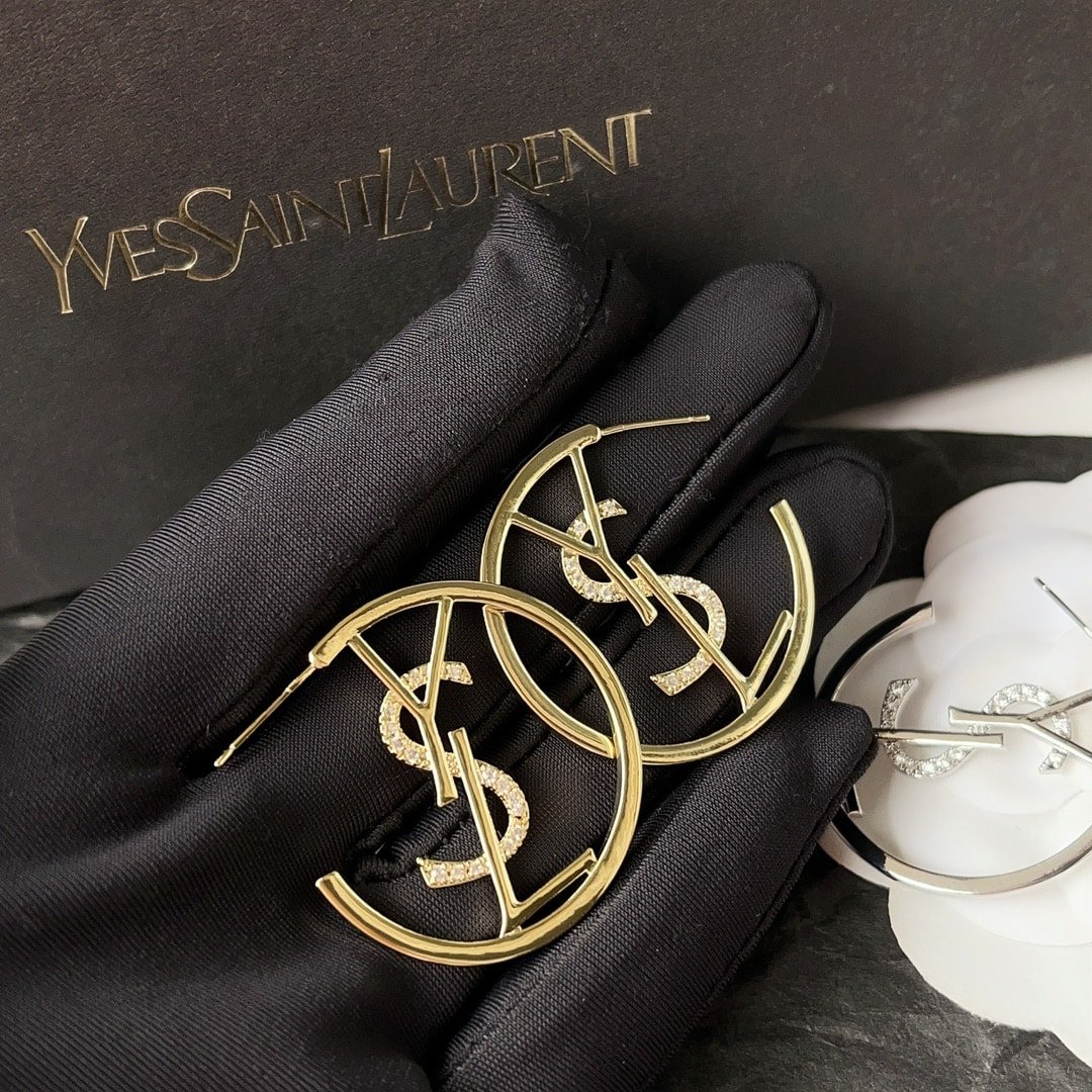 Saint Laurent YSL Hoop Earrings With Crystal Gold