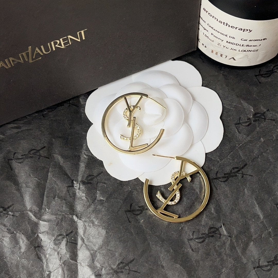 Saint Laurent YSL Hoop Earrings With Crystal Silver Tone