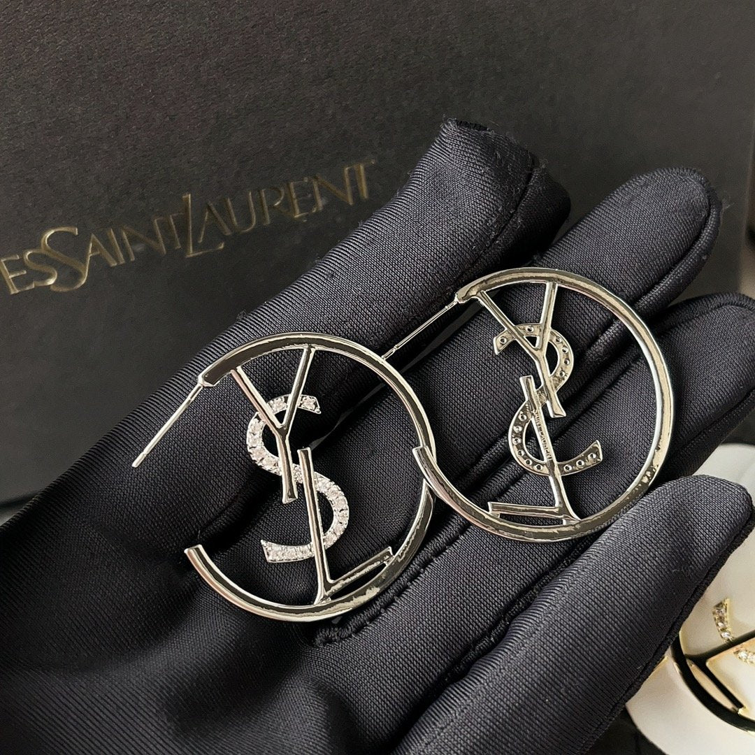 Saint Laurent YSL Hoop Earrings With Crystal Silver Tone