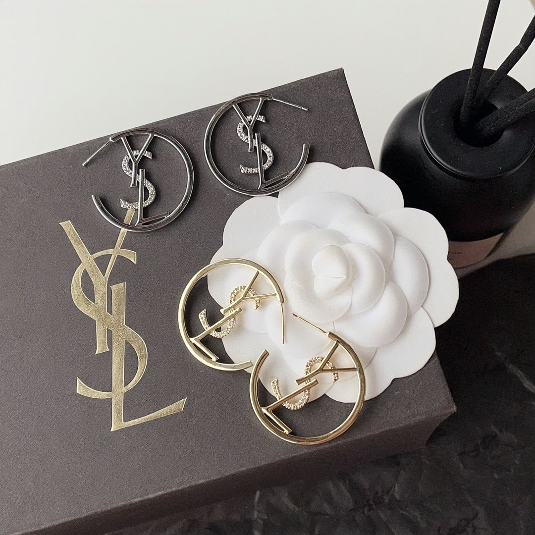 Saint Laurent YSL Hoop Earrings With Crystal Gold