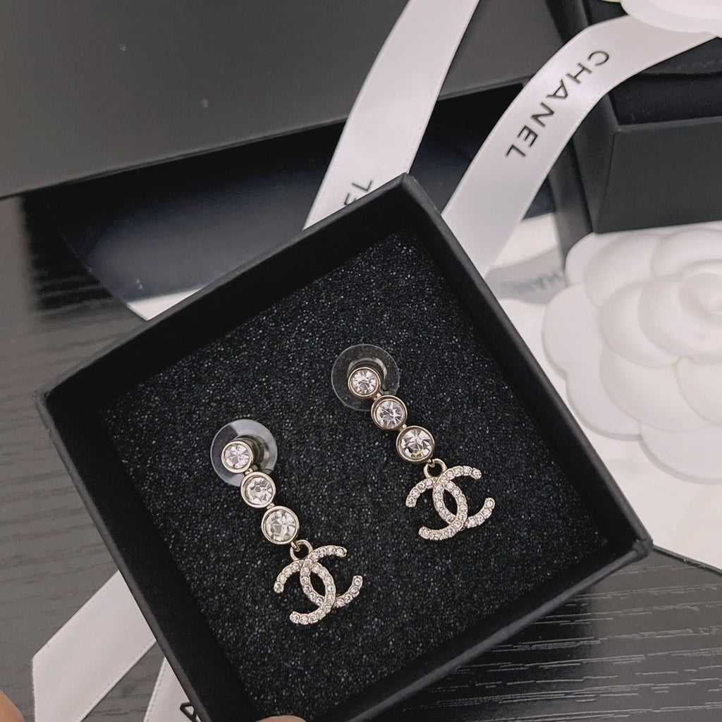 Chanel Crystal Cc Drop Earrings Gold