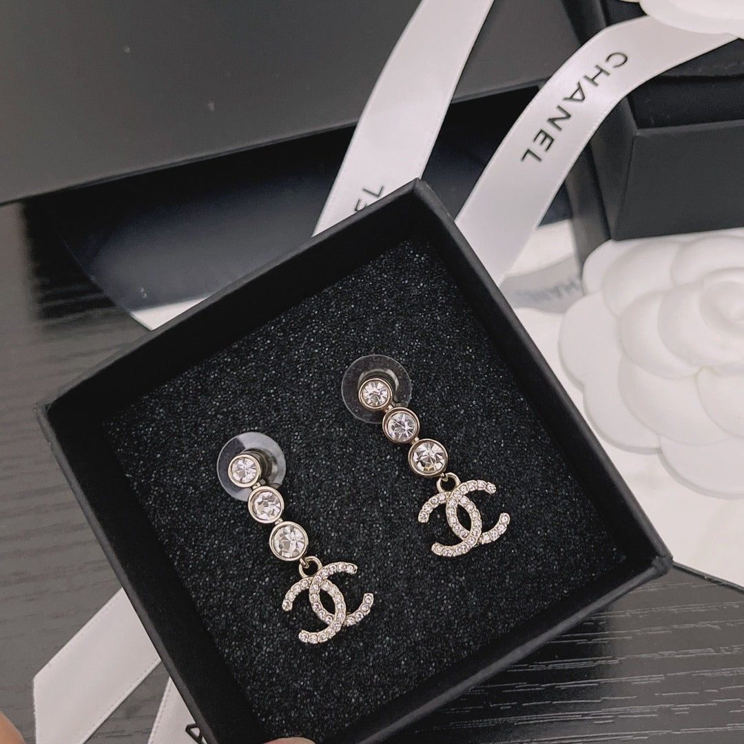 Chanel Crystal Cc Drop Earrings Gold