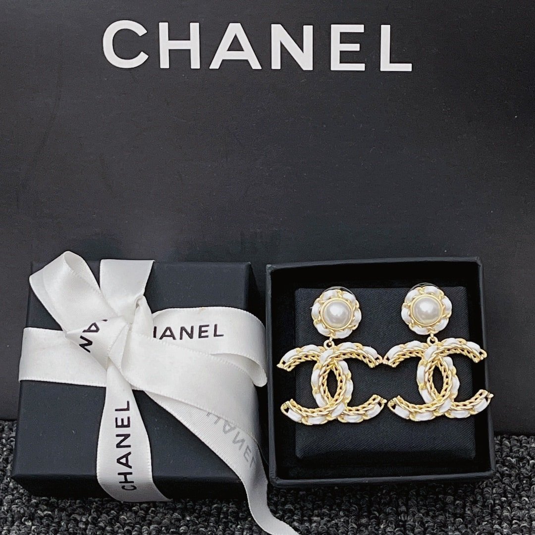 Chanel White Leather & Gold Metal Drop Earrings