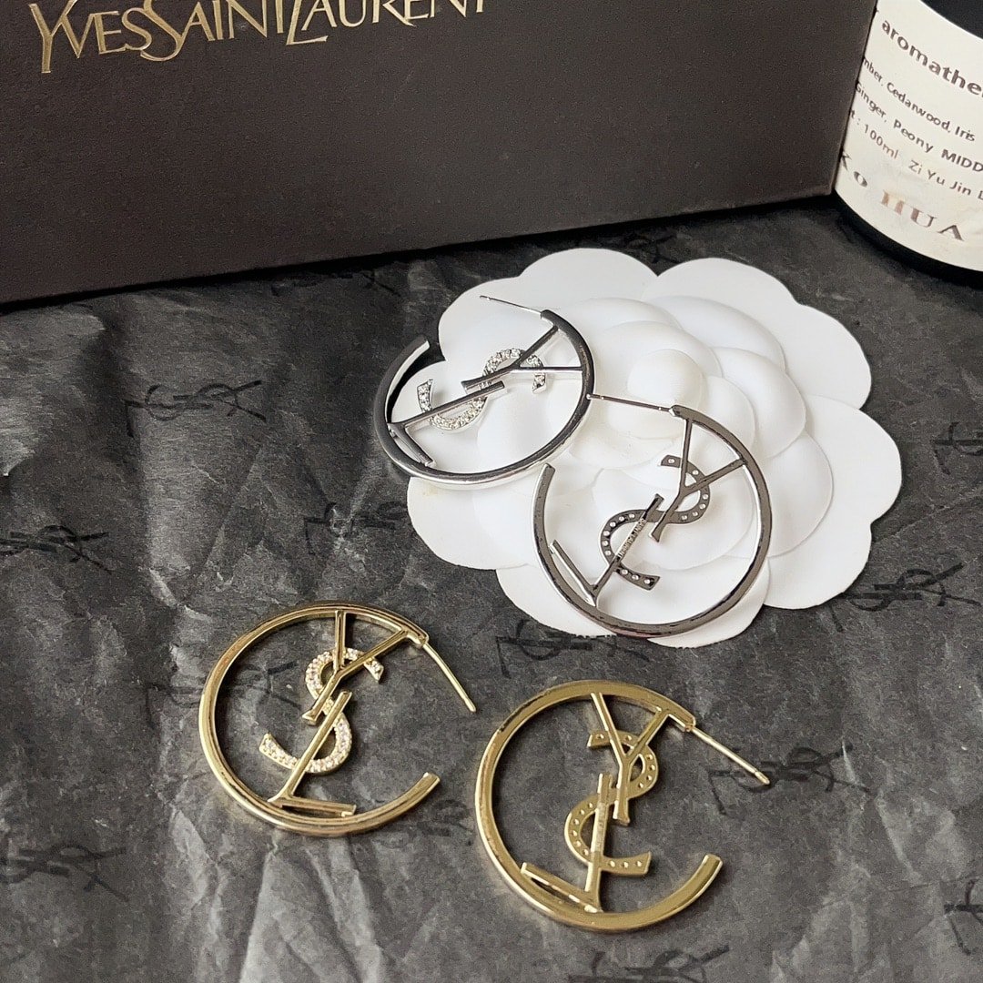 Saint Laurent YSL Hoop Earrings With Crystal Gold