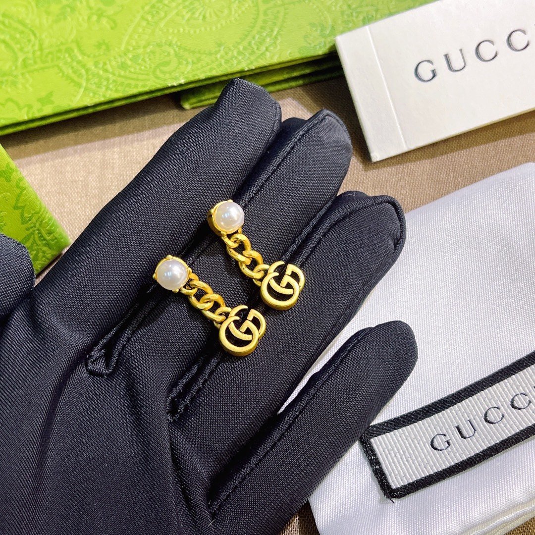 Gucci Pearl Double G Earrings Gold 645665 I4620 8078