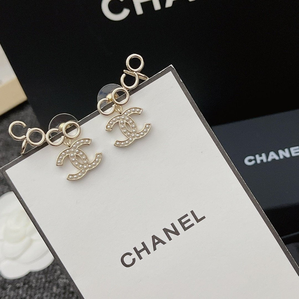 Chanel Metal Pearl Cc Coco Climber Clip On Earrings Gold