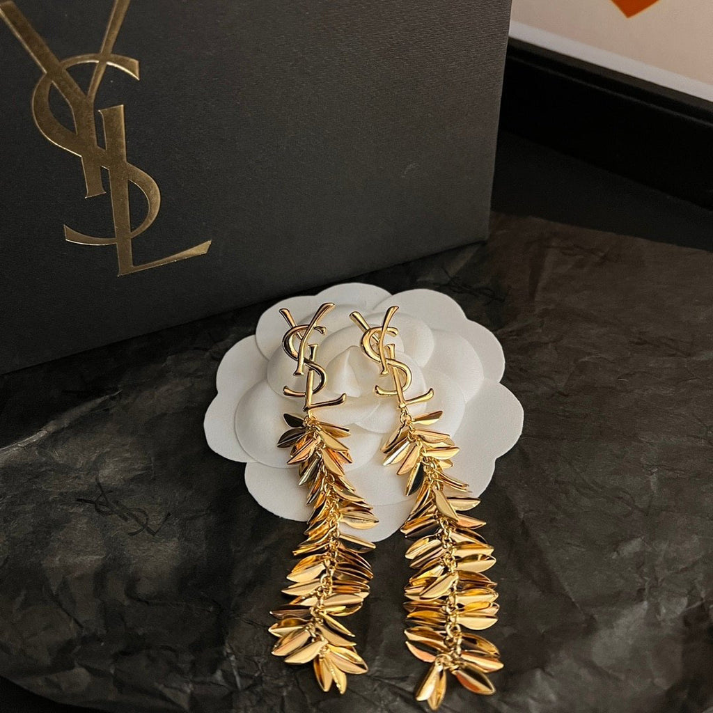 Saint Laurent YSL Leaf Tassel Gold Earrings
