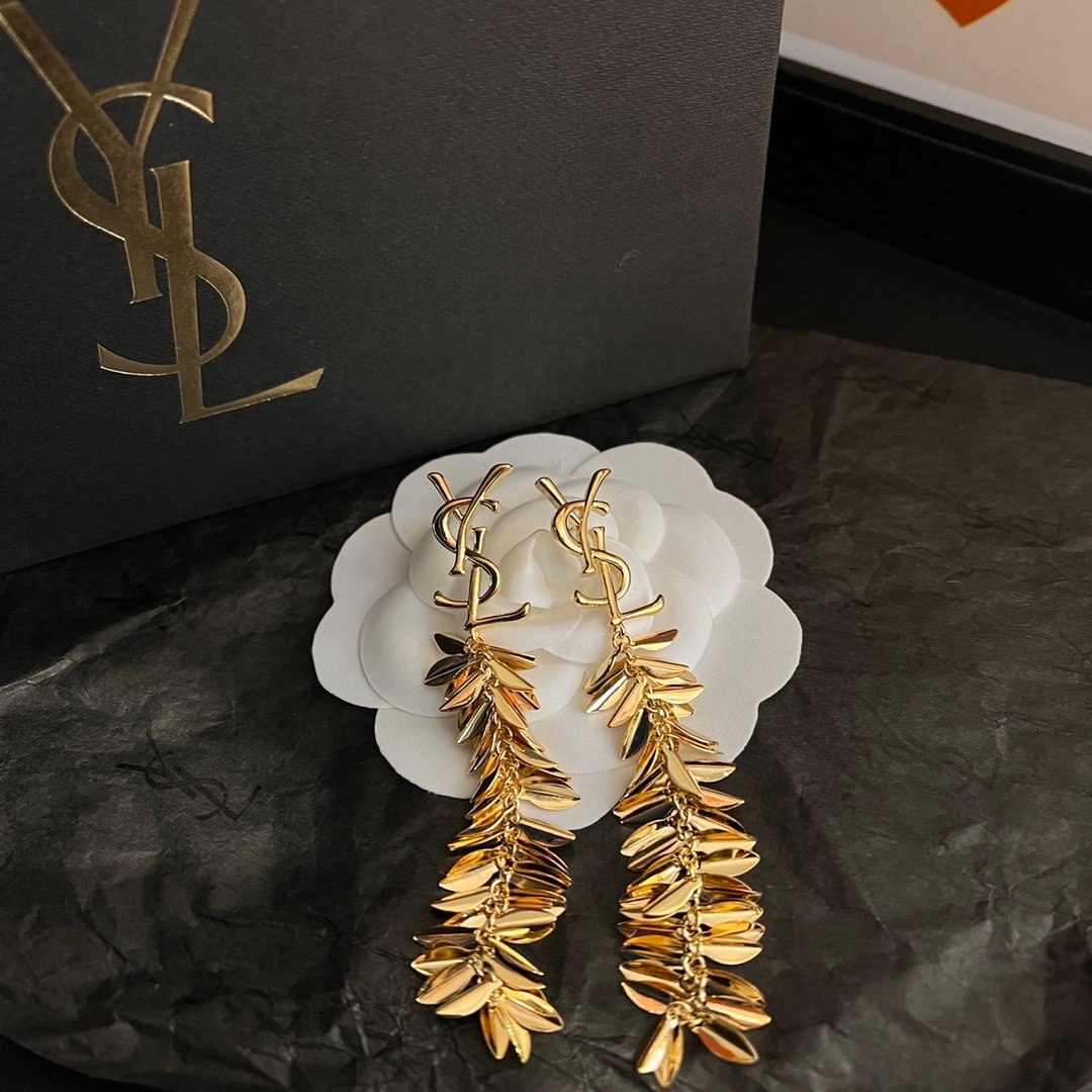 Saint Laurent YSL Leaf Tassel Gold Earrings
