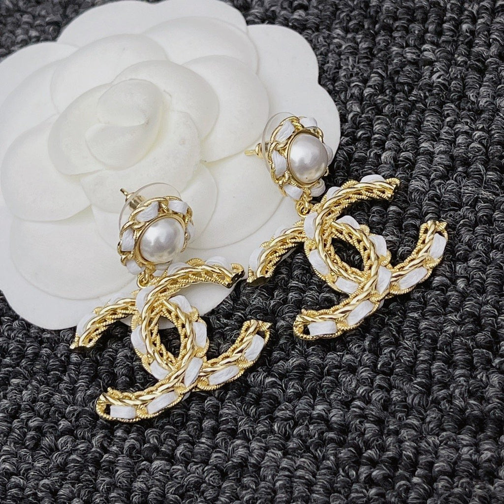 Chanel White Leather & Gold Metal Drop Earrings