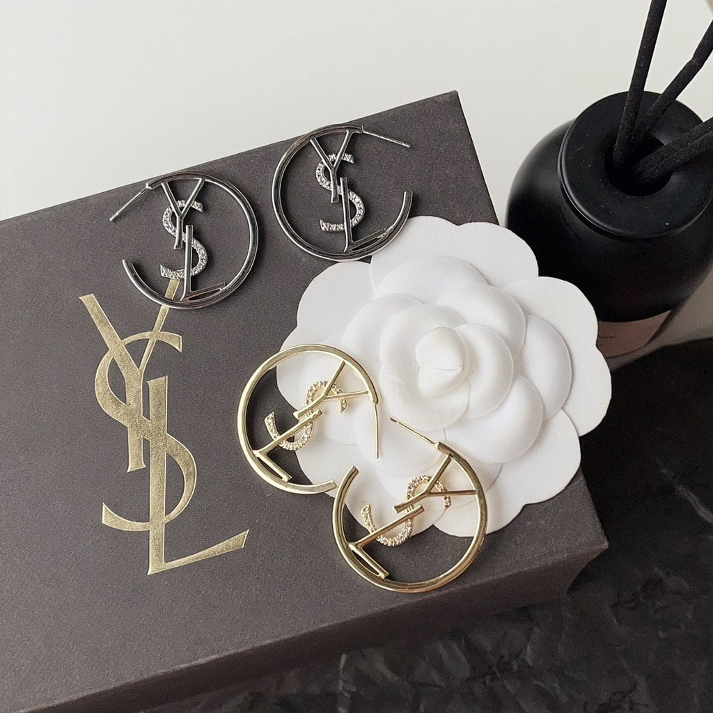 Saint Laurent YSL Hoop Earrings With Crystal Silver Tone