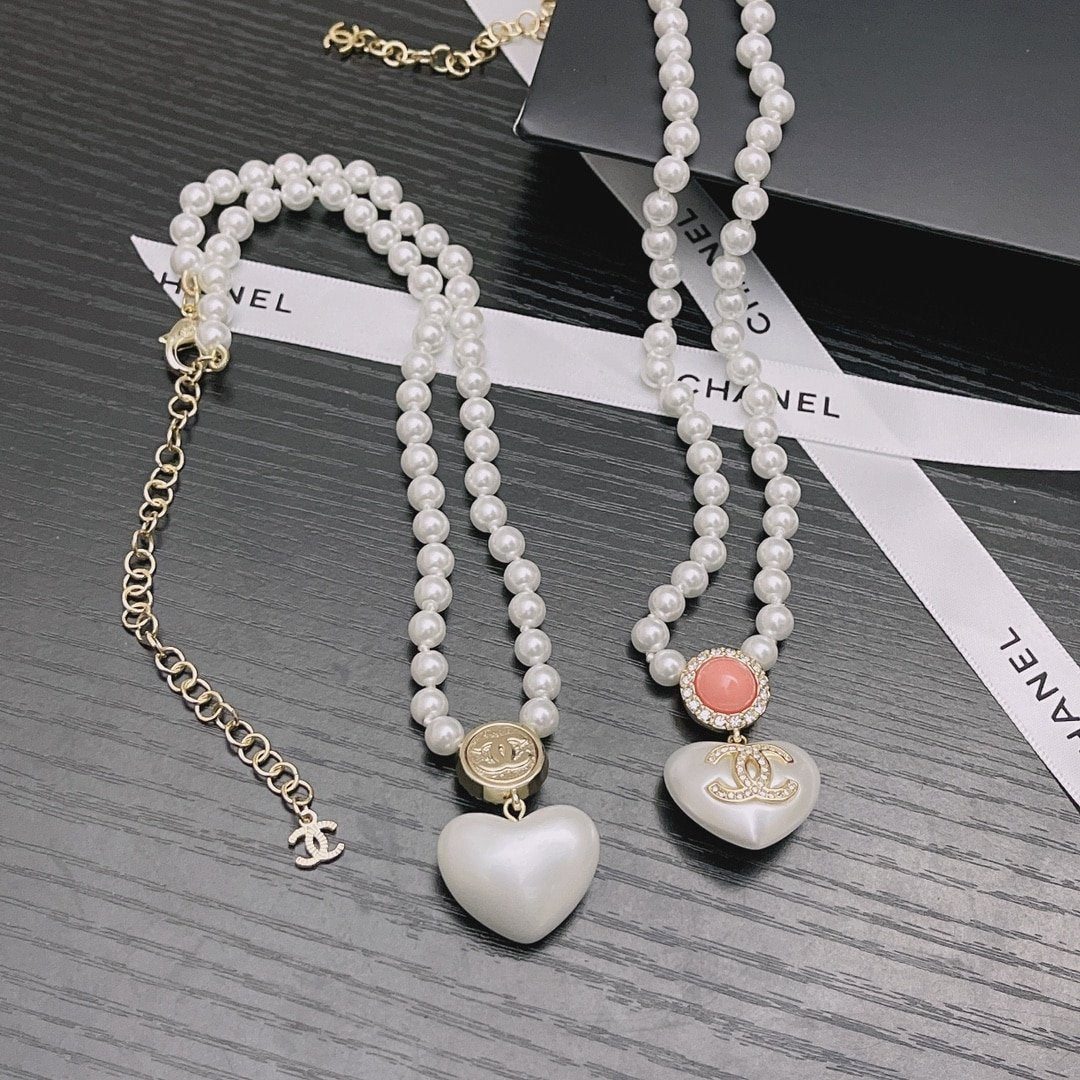Chanel Large Heart Pearl Pink Crystal Cc Necklace