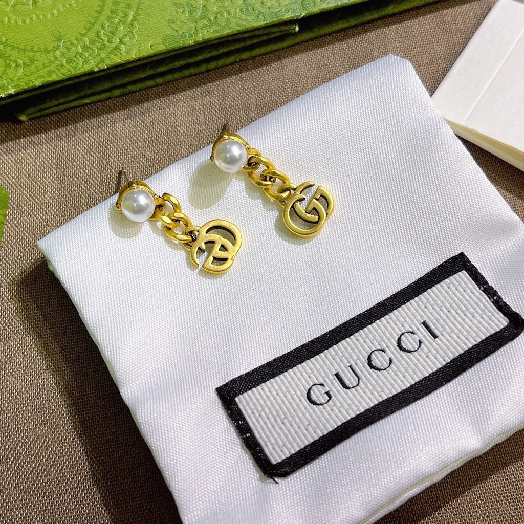 Gucci Pearl Double G Earrings Gold 645665 I4620 8078