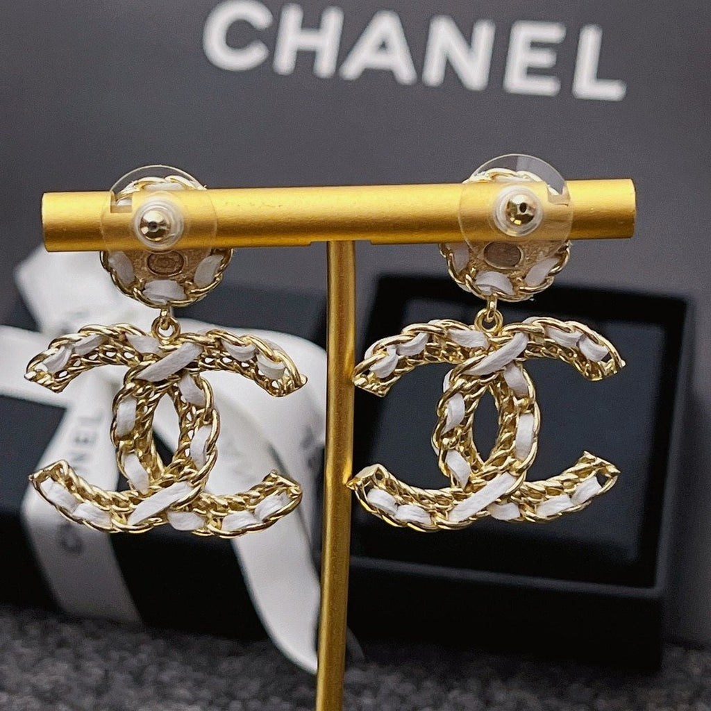 Chanel White Leather & Gold Metal Drop Earrings