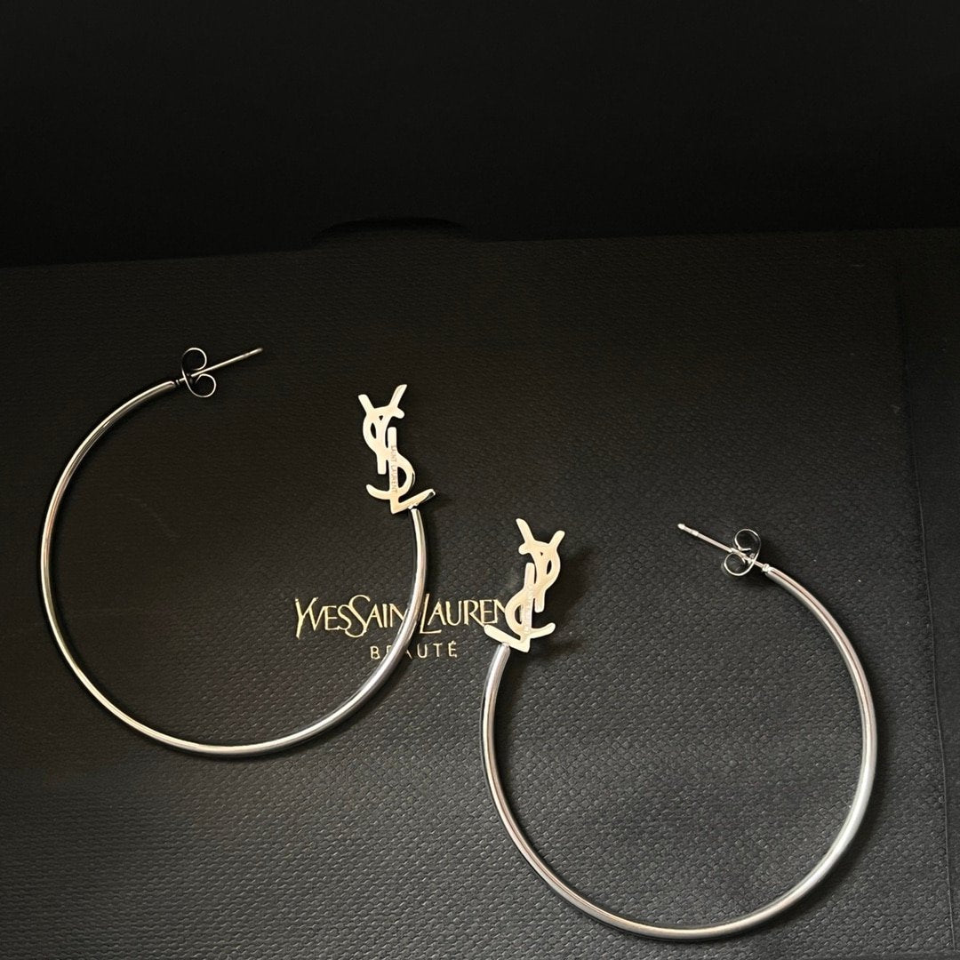 Saint Laurent YSL Logo Big Round Earrings Silver Tone