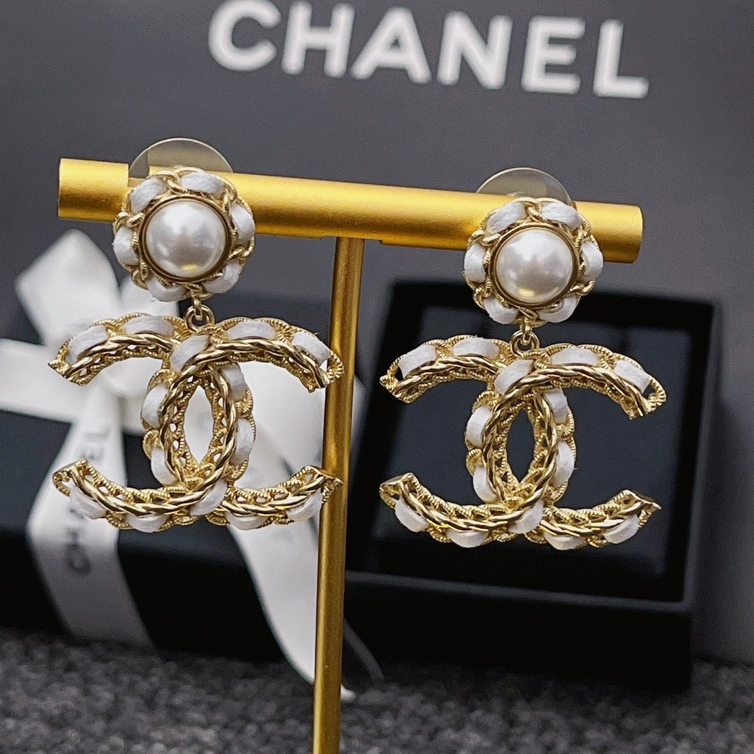 Chanel White Leather & Gold Metal Drop Earrings