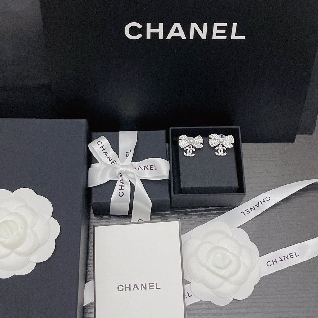 Chanel Crystal Cc Bow Drop Earrings Silver