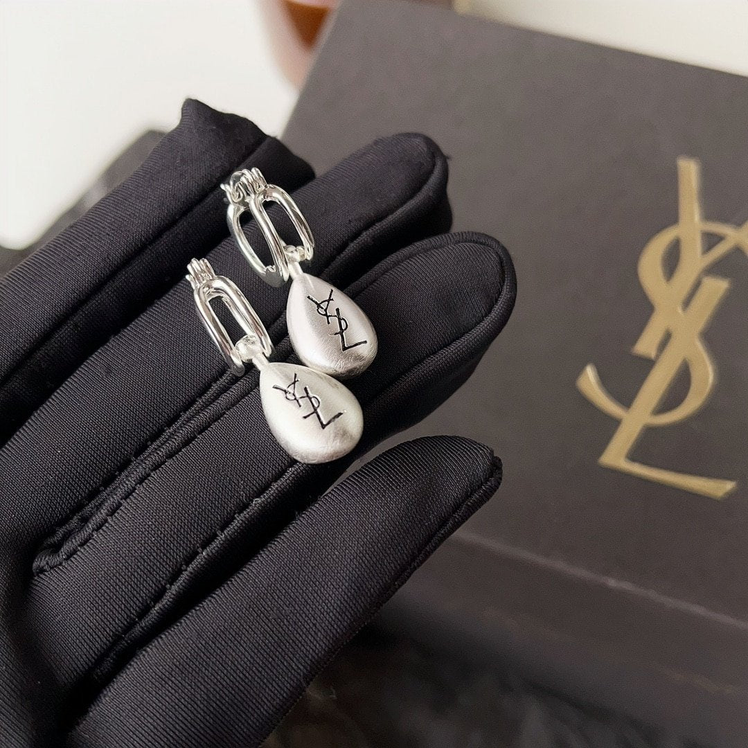 Saint Laurent Teardrop Earrings With YSL Logo Silver