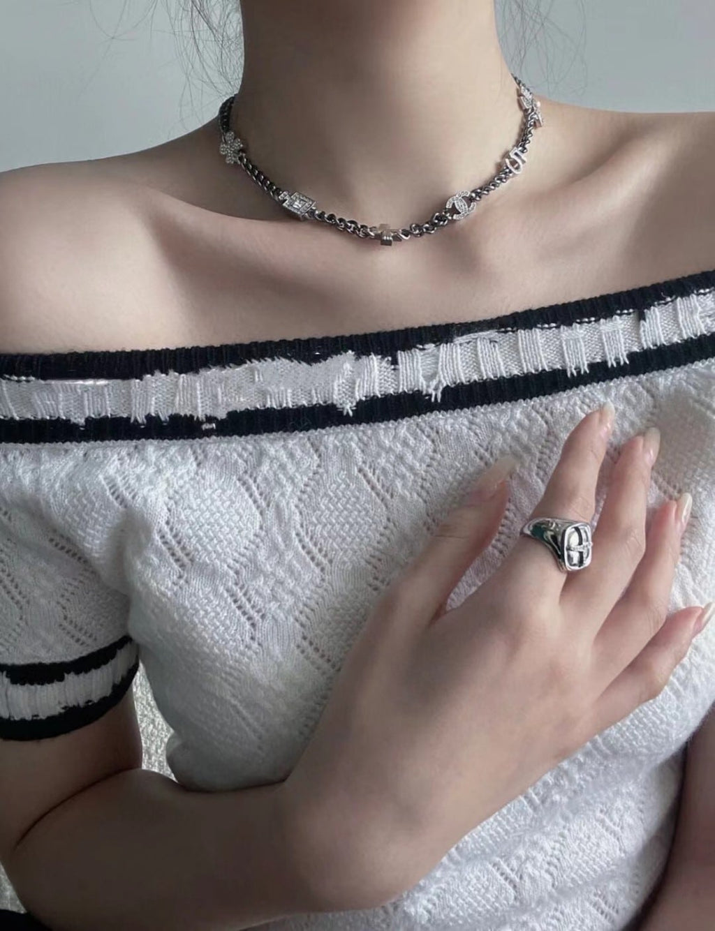 Chanel Ruthenium Crystal Chain Cc Lucky Charms Choker Silver Necklace