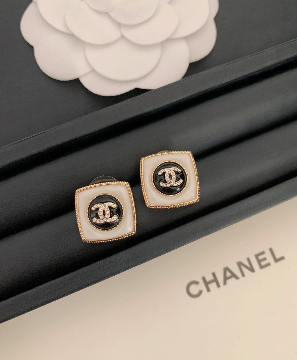 Classic Stud Earrings – Black | Monogram-Inspired Design