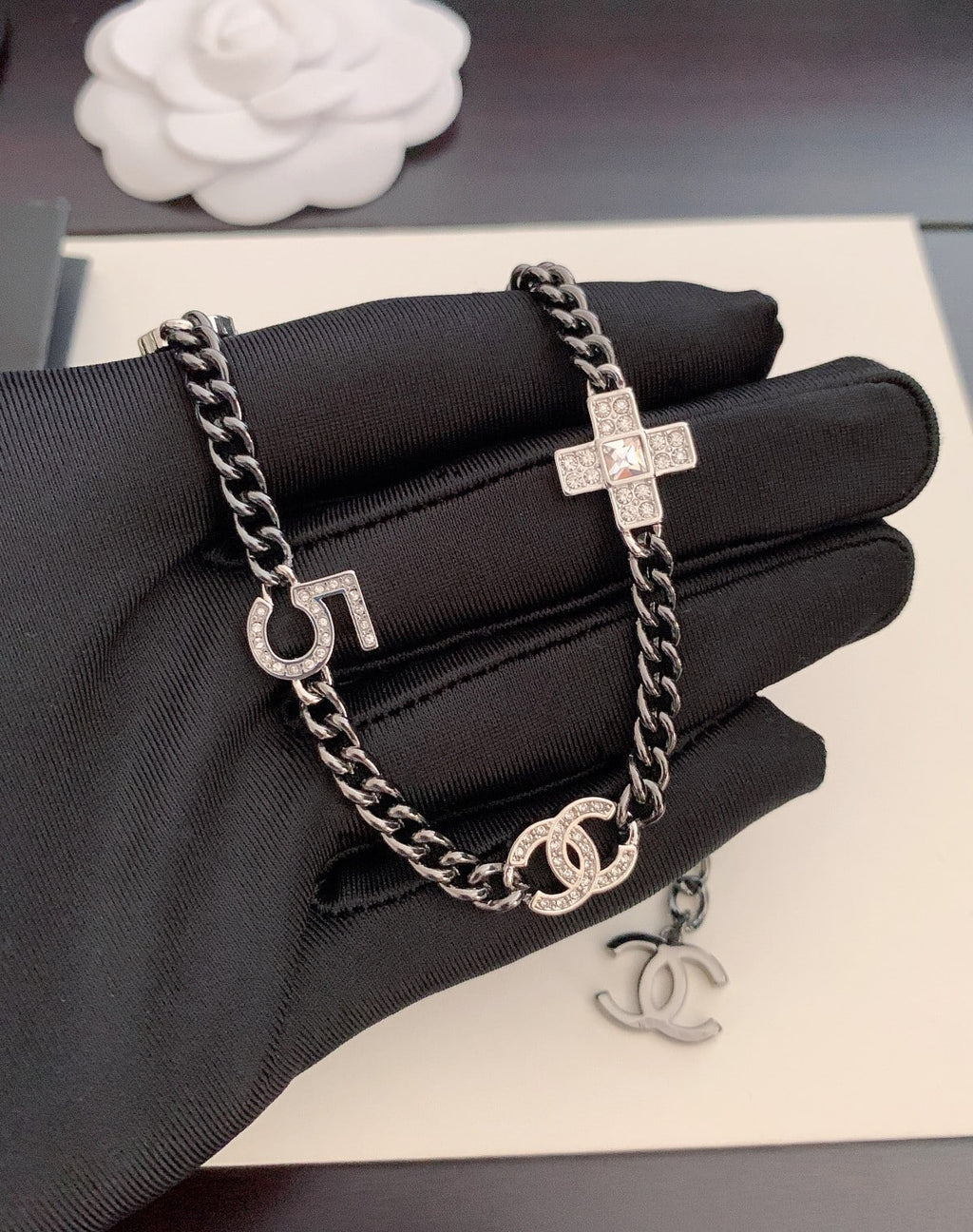 Chanel Ruthenium Crystal Chain Cc Lucky Charms Choker Silver Necklace