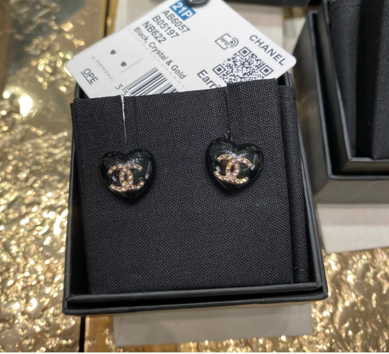 Chanel Cc Black Heart Earrings
