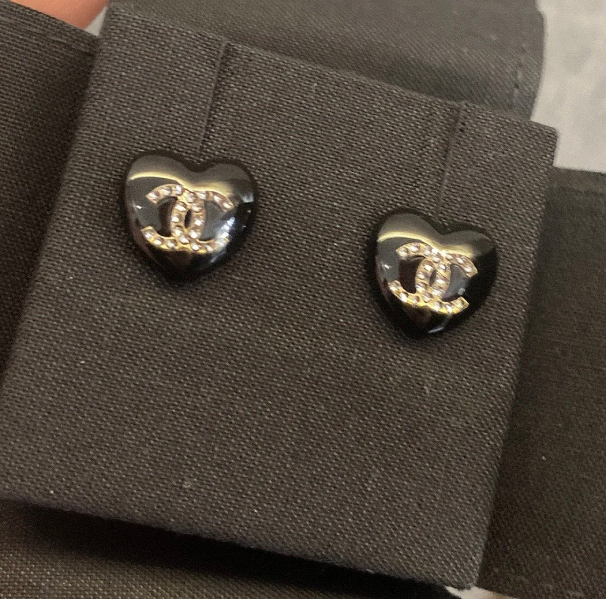 Chanel Cc Black Heart Earrings