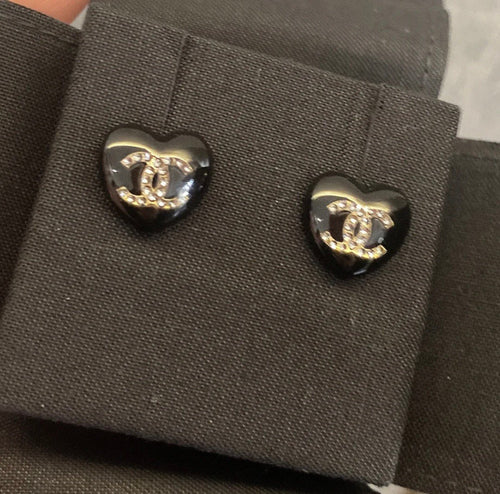 Chanel Cc Black Heart Earrings