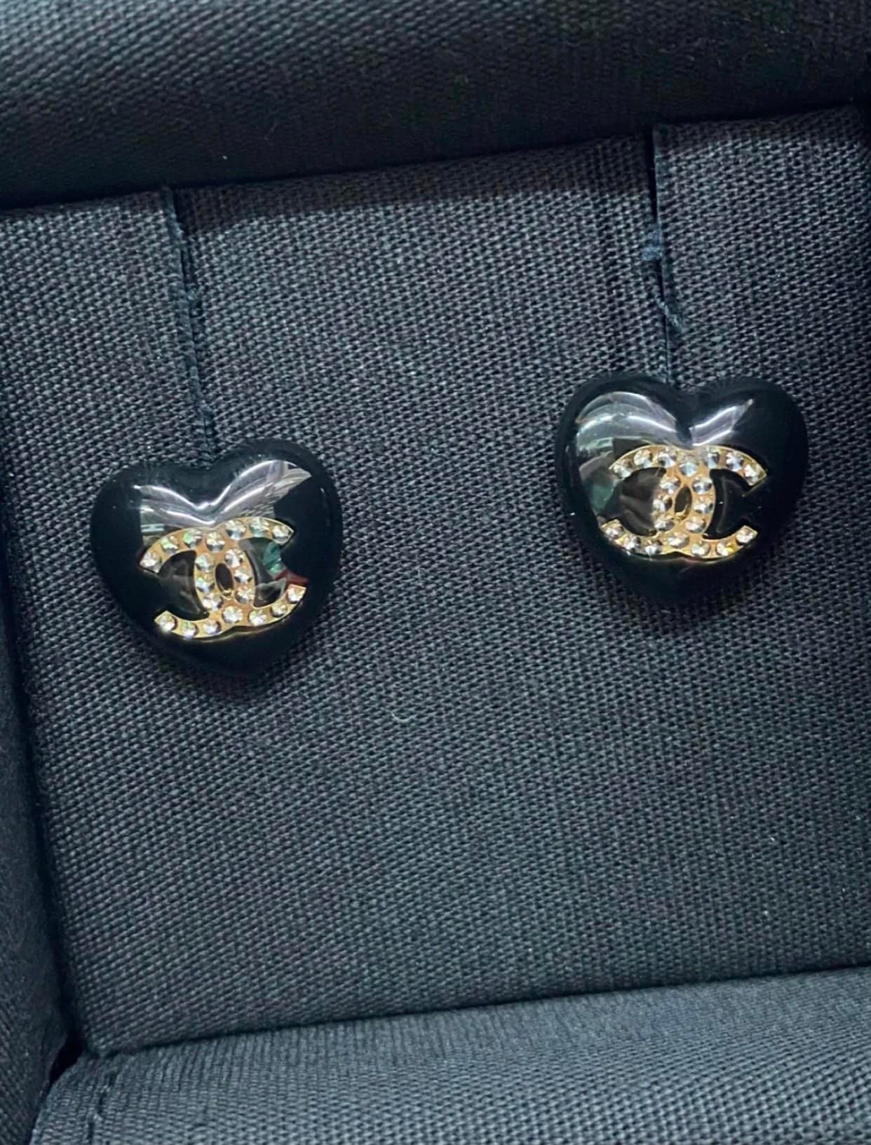 Chanel Cc Black Heart Earrings