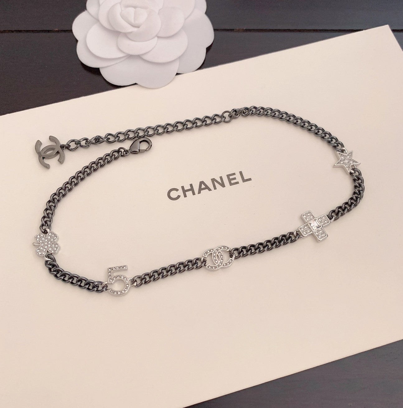 Chanel Ruthenium Crystal Chain Cc Lucky Charms Choker Silver Necklace