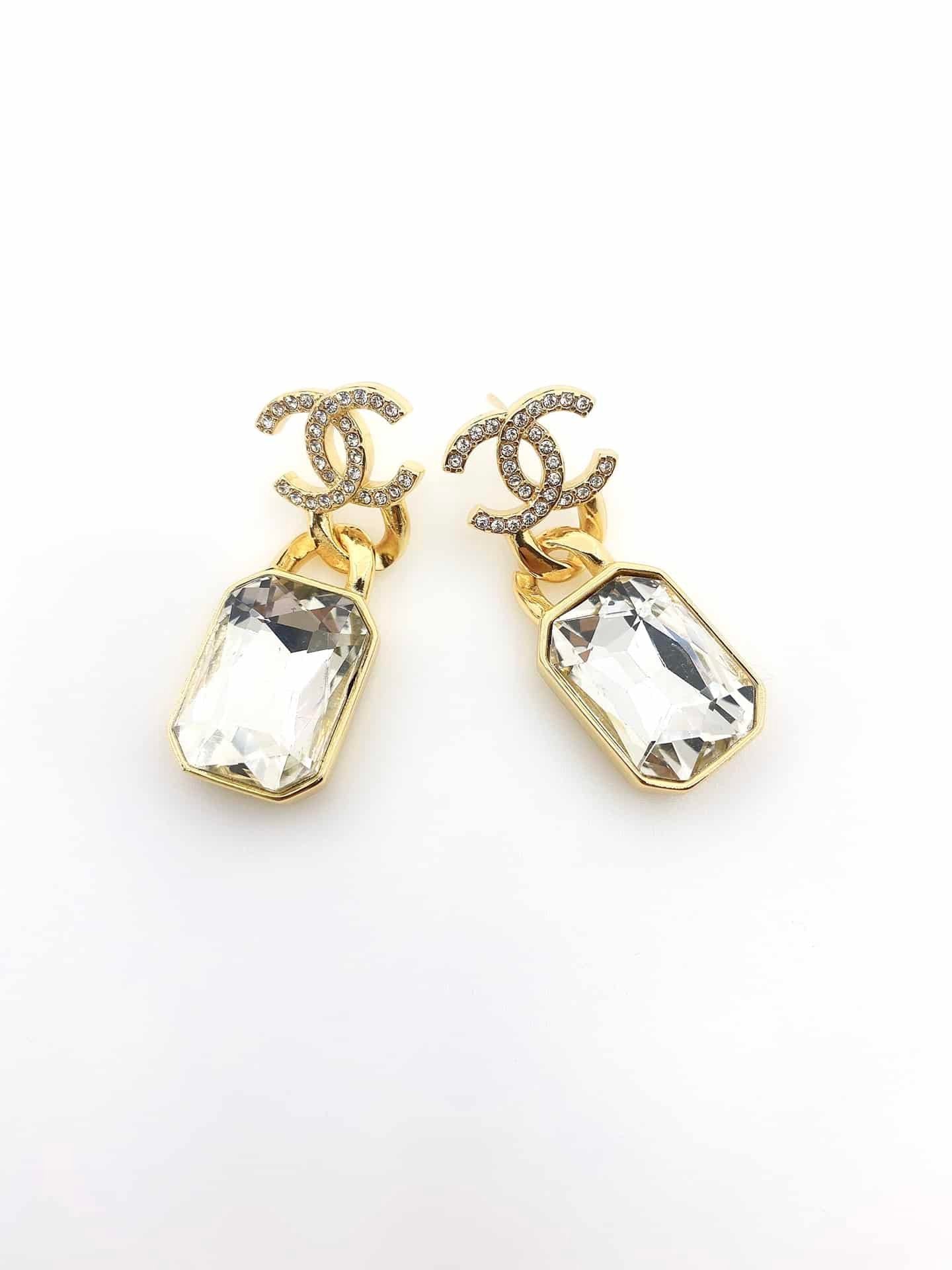 Chanel Gold Crystal Metal Strass Cc Earrings