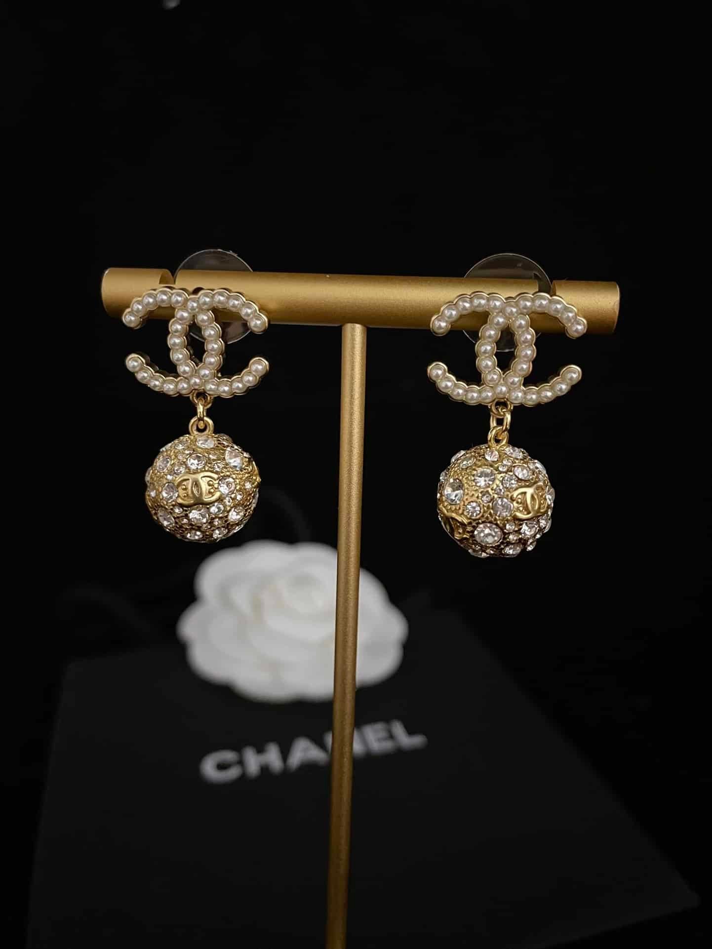 Chanel New Cc Gold Ball Crystal Pearl Drop Earrings