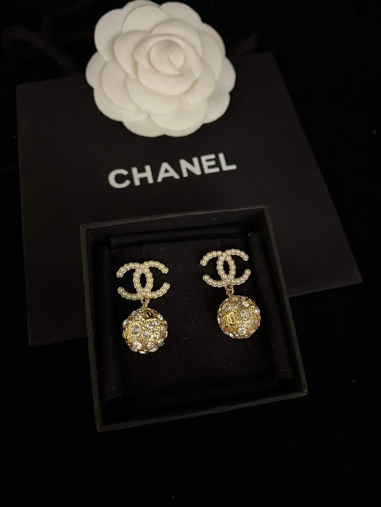 Chanel New Cc Gold Ball Crystal Pearl Drop Earrings