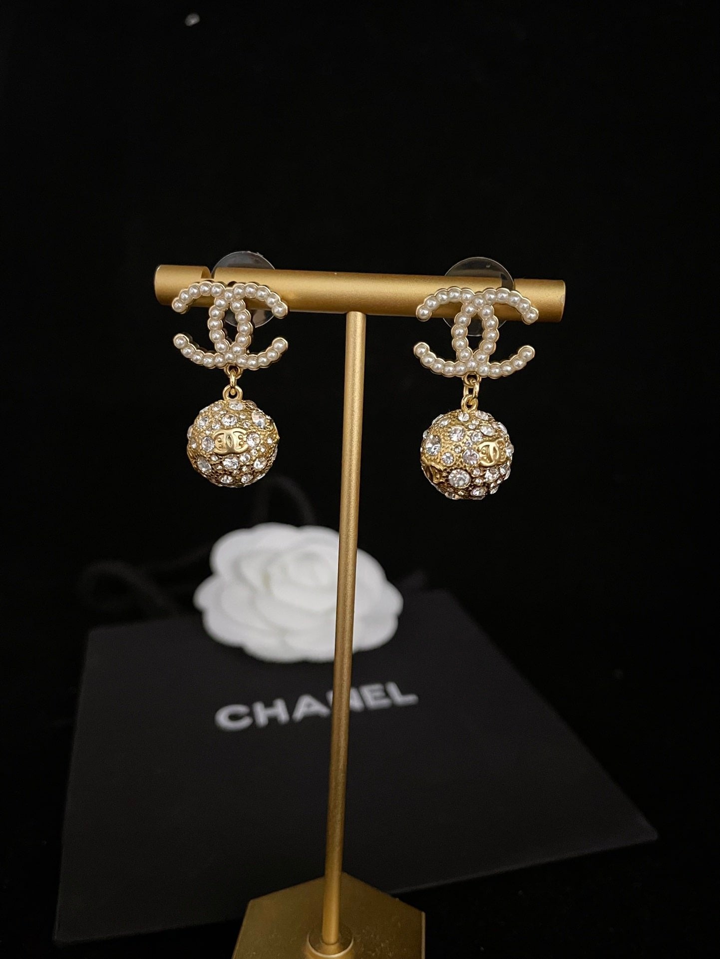 Chanel New Cc Gold Ball Crystal Pearl Drop Earrings