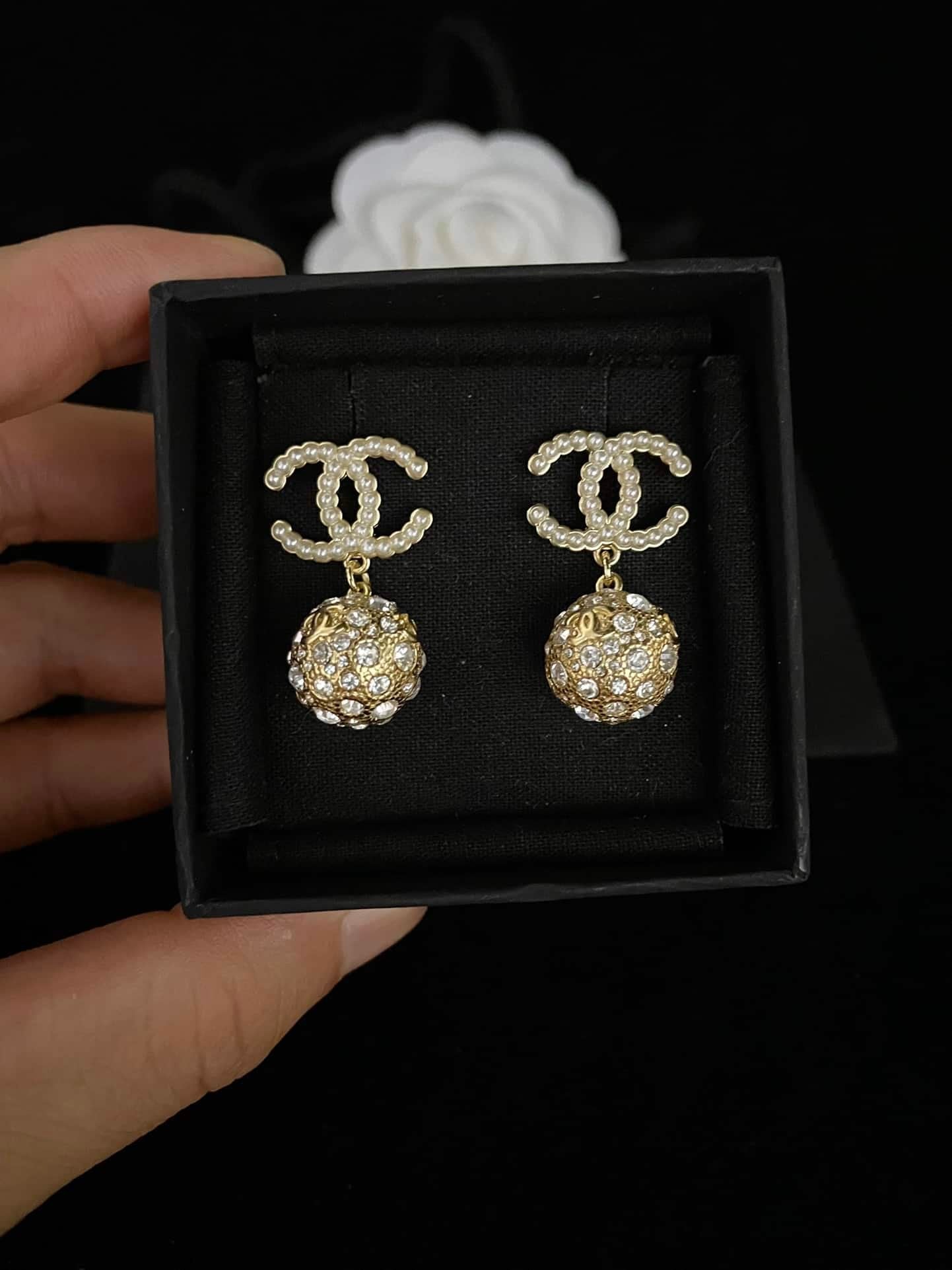 Chanel New Cc Gold Ball Crystal Pearl Drop Earrings