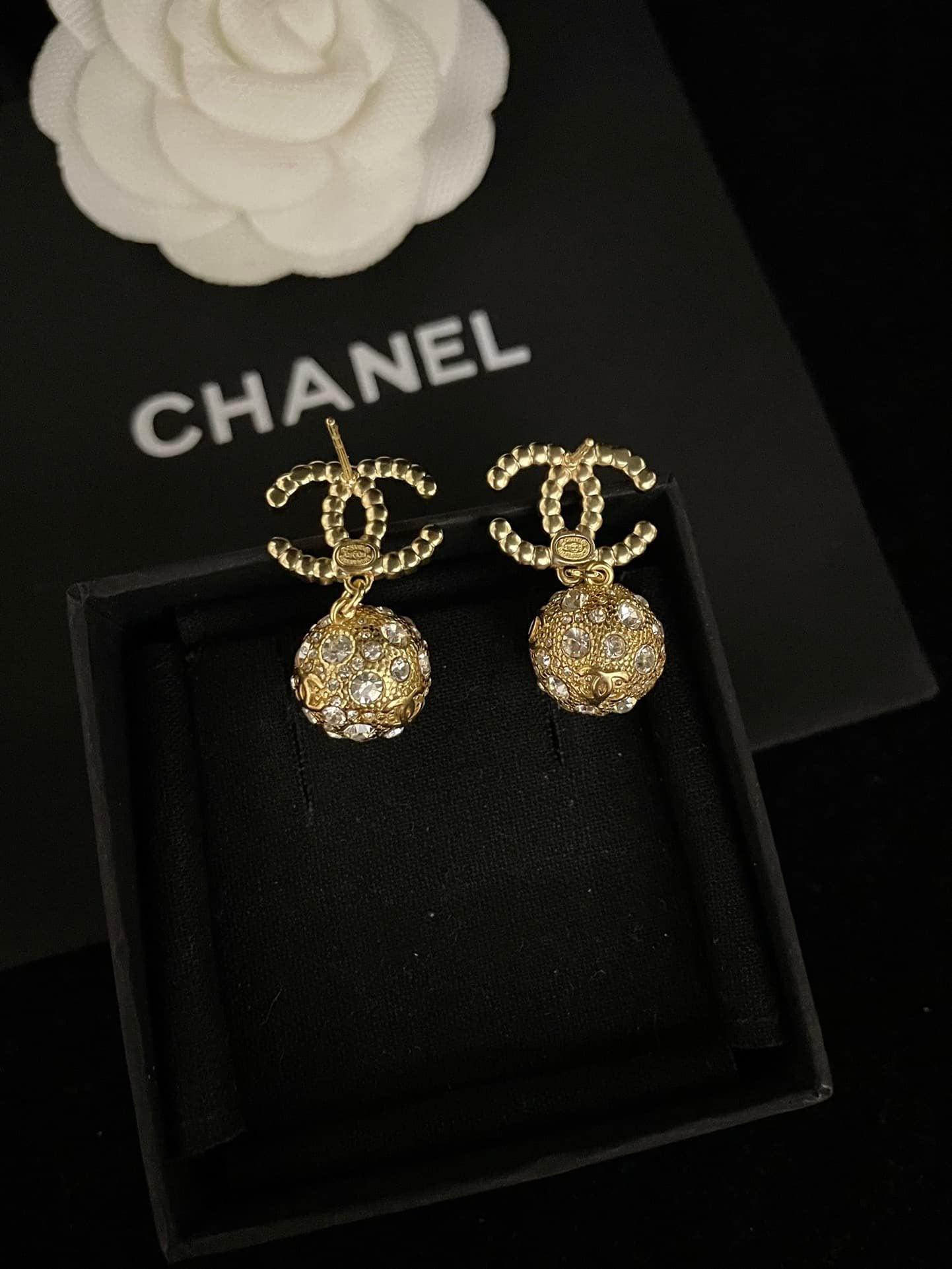 Chanel New Cc Gold Ball Crystal Pearl Drop Earrings