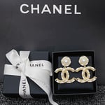 Chanel White Leather & Gold Metal Drop Earrings