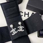 Chanel Double C Pearl Earrings Silver White