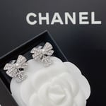 Chanel Crystal Cc Bow Drop Earrings Silver