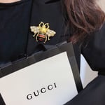 Gucci Gg Black And Red Bee Brooch Gold With Pearl