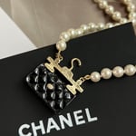 Chanel Pearl Metal Resin Quilted Flap Bag Necklace Gold