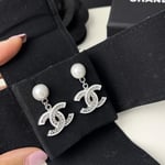 Chanel Double C Pearl Earrings Silver White