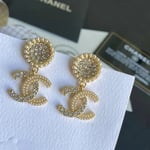 Chanel Crystal Pearl Cc Drop Earrings Gold